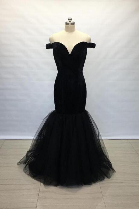 Off The Shoulder Black Velvet Tulle Long Prom Dress Mermaid,pl4733