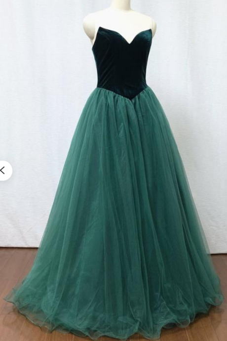 Ball Gown Dark Green Velvet Tulle Long Prom Dress With Detachable Off-the-shoulder Sleeves,pl4734