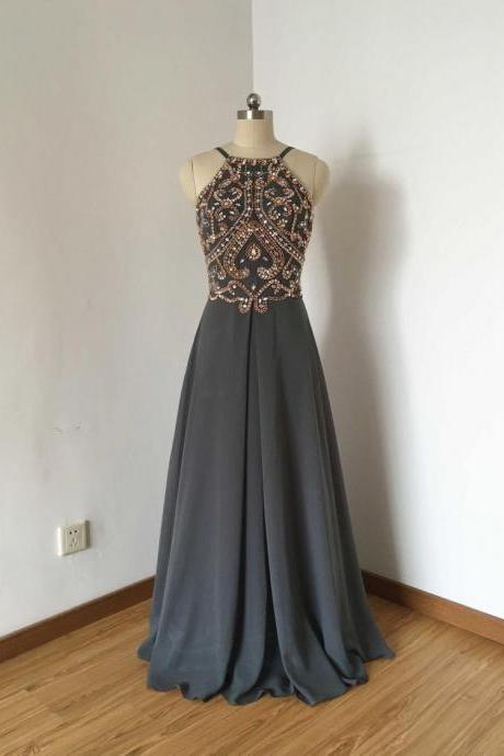 Backless Spaghetti Straps Charcoal Grey Chiffon Long Prom Dress,pl4735
