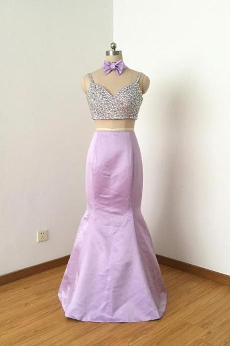 Two Piece Mermaid Spaghetti Straps Lilac Satin Long Prom Dress,pl4737