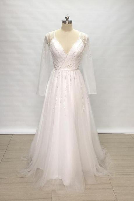 Custom Beaded V-neck Ivory Tulle Long Wedding Dress With Long Sleeves,pl4738