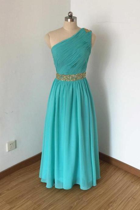 Gold Beaded One-shoulder Turquoise Blue Chiffon Long Bridesmaid Dress,pl4740