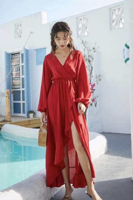 Red Backless Slit Dress, Super Long Sleeve Dress,pl4746