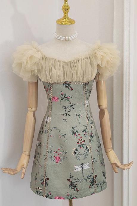 Vintage, Jacquard, Mesh Splicing, Bubble Sleeve ,off Shoulder Party Dress,pl4748
