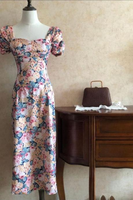 Vintage,oil Painting Long Print Dress, Off Shoulder Floral Dress,pl4752
