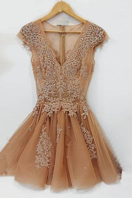 Champagne Tulle Short Homecoming Dress,cap Sleeve V Neck Prom Dress With Appliques, Sexy Party Gown,pl4757