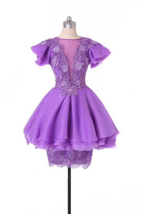 Fashion Short Homecoming Dresses Jewel Neck Short Sleeve Appliques Lace Organza A-line Mini Prom Gowns Custom Made,pl4765