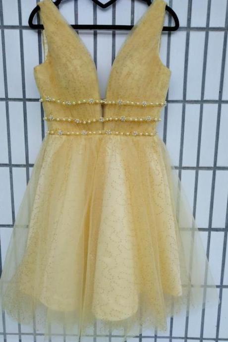 Sparkly Party Dresses Deep V-neck Sequined Lace Short Homecoming Dresses A-line Pearls Crystals Beading Yellow Prom Dresses,pl4772