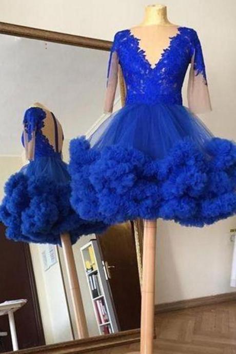 Royal Blue Short Prom Homecoming Dresses With Long Sleeve 2021 Lace Ruffles Tutu Skirt V Neck Illusion Back Evening Gowns,pl4773
