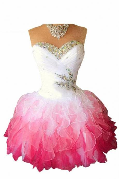 Pink Organza Mini Prom Homecoming Dress With Beaded Crystal Off The Shoulder Lace Up Graduation Gown Cocktail Party Gown,pl4774