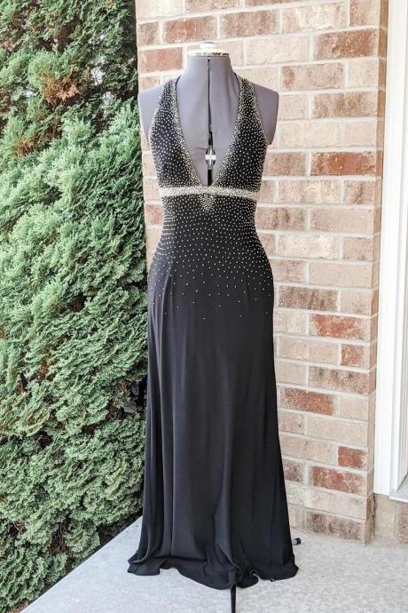 Black- Beaded- Halter- Gown- Prom Dress- Formal- Military Ball,pl4775