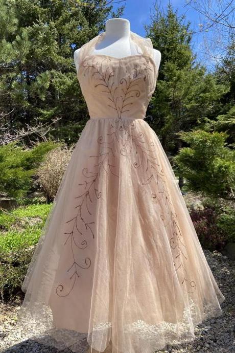 Vintage 1950s Hand Painted Taupe Prom Dress,PL4776