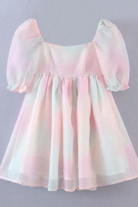 Elegant Pink Tie-dye Puff Shoulder Summer Dress For Women,pl4778