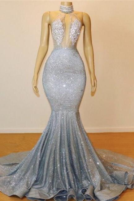 Glitter Halter Keyhole Neckine Applique Mermaid Prom Dresses | Floor Length Backless Evening Dresses,pl4781