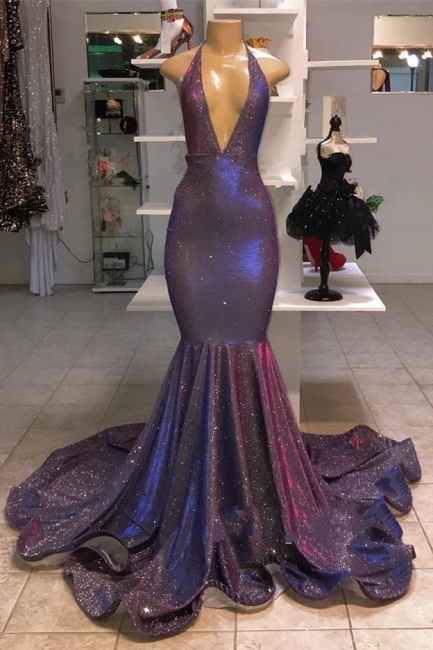 Glitter Halter Deep V Neck Mermaid Prom Dresses | Sleeveless Sequined Evening Dresses,pl4785