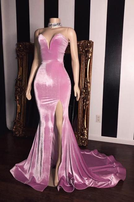Velvet Pink Deep V Neck Sleeveless Side Slit Prom Dresses | Mermaid Evening Dresses,pl4786