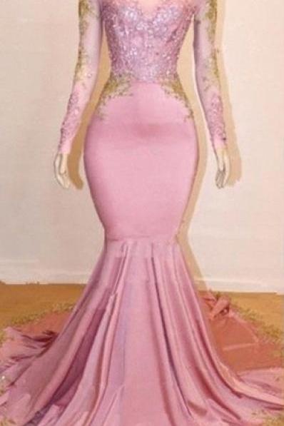 Pink Long Sleeve Appliques Prom Dresses | Elegant Mermaid Evening Gowns,pl4787