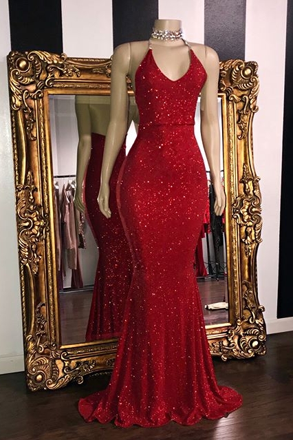 Glitter Halter Red Mermaid Prom Dresses | Sequined Floor Length Evening Dresses,pl4788