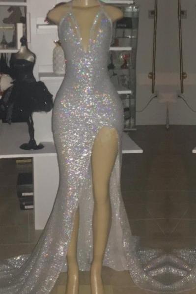 Halter Neck Slit Prom Dress | Shiny Silver Sequin Party Dresses,pl4790