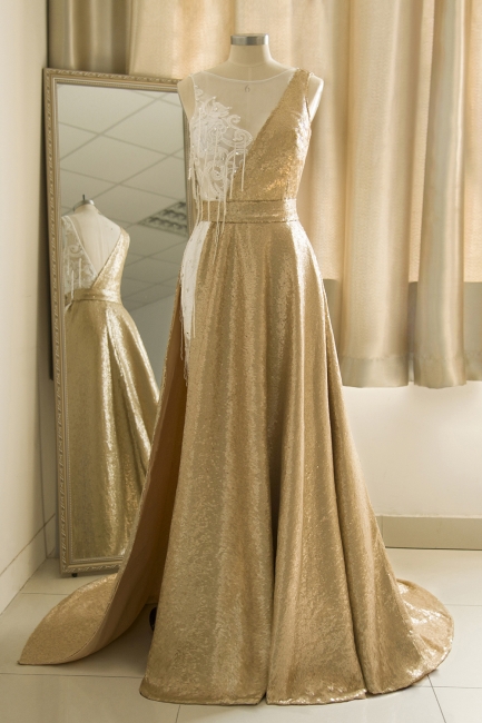 Jewel Sleeveless Lace Sequin Gold Prom Dresses | Design Formal Gown,pl4798