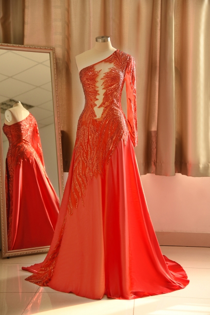 One Shoulder Sheer A-line Red Sexy Prom Dresses | Formal Evening Dresses,pl4800