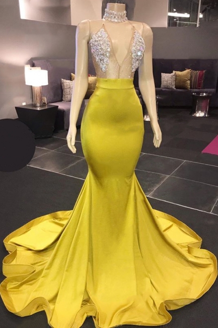Yellow Sleeveless Floor Length Crystals Sheer Sparkly Sexy Mermaid Prom Dresses,pl4802