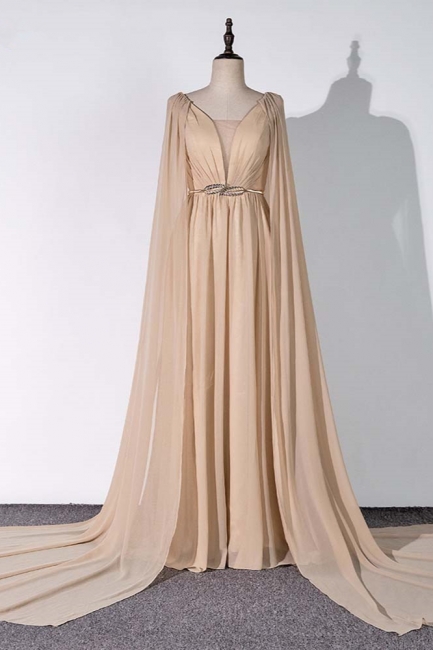 Sleeveless V-neck A-line Champagne Prom Dresses With Watteau Train,pl4809