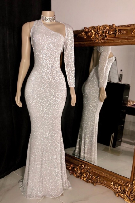 Glittering One Shoulder Floor Length Sheath Silver Prom Dresses,pl4815