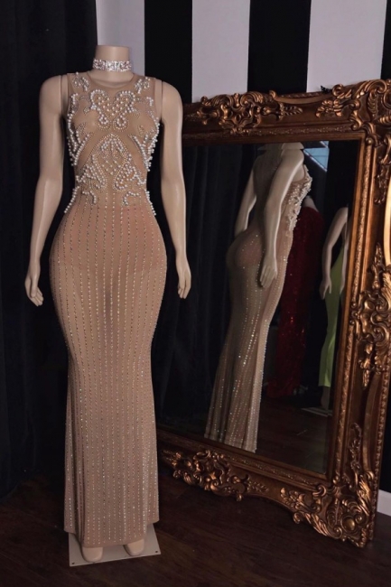 Gorgeous Jewel Sleeveless Floor Length Beading Sheer Prom Dresses,pl4816