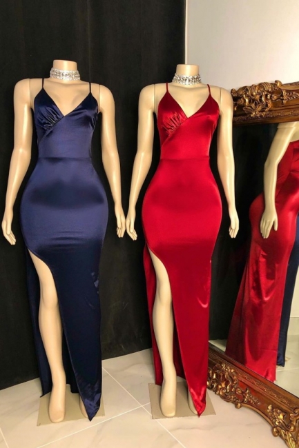 Sleek Spaghetti Straps V-neck Floor Length Prom Dresses With Side Slit,pl4817