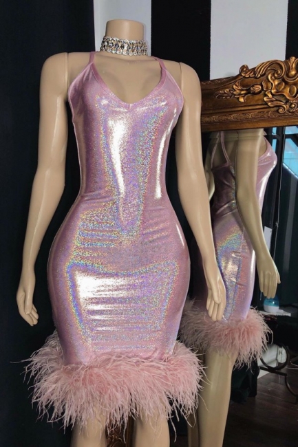 Stylish Sapghetti Straps V-neck Pink Short Party Dresses With Fur,pl4818