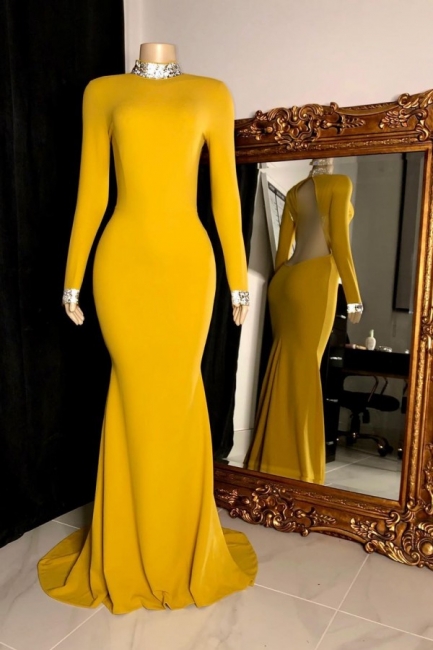 High Neck Long Sleeves Open Back Fitted Prom Dresses In Yellow,pl4820