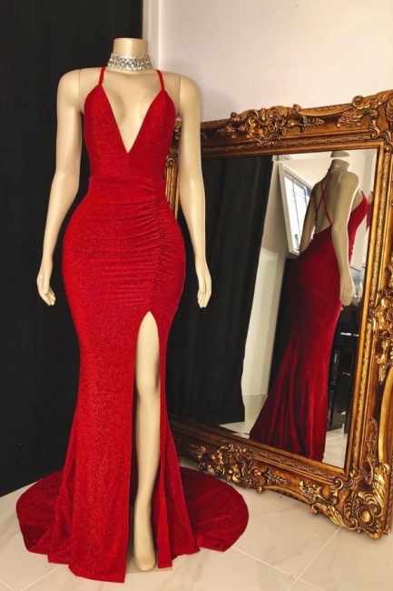 Spaghetti Straps Floor Length Red Prom Dresses With High Slit,pl4825