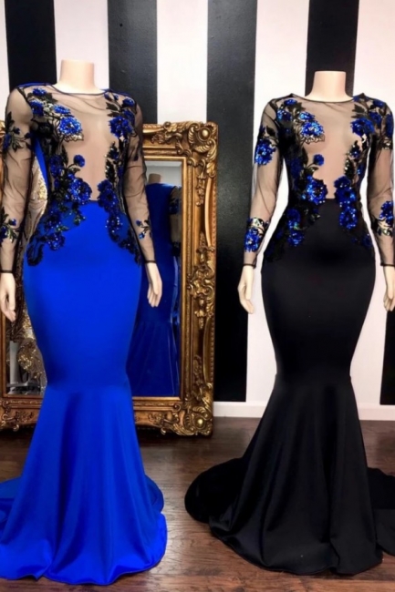 Jewel Sheer Top Long Sleeves Appliques Mermaid Prom Dresses,pl4829
