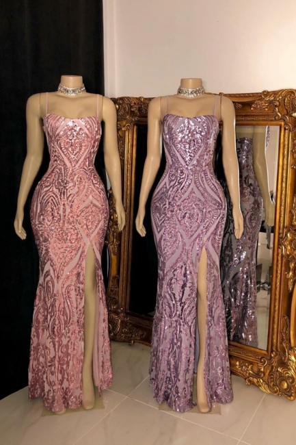 Spaghetti Straps Form-fitting Sequin Side Slit Prom Dresses,pl4831