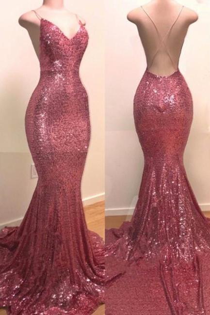 Sexy Pink Spaghetti Strap V Neck Sequins Mermaid Prom Dresses | Criss-cross Long Evening Dresses,PL4832