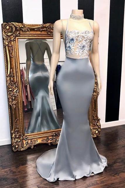 Sky Blue Scoop Sleeveless Applique Criss-cross Floor Length Mermaid Prom Dresses,pl4836
