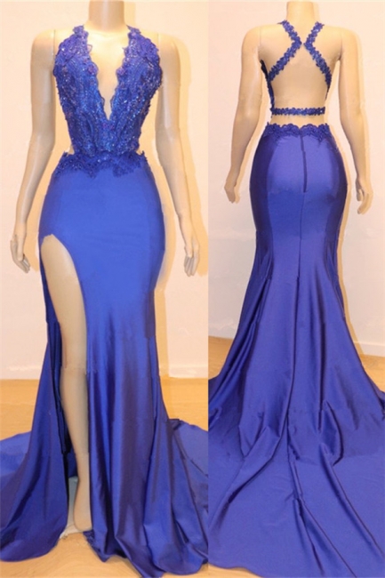 Royal Blue Halter Sheath Prom Dresses | Side Slit Criss-cross Lace Evening Dresses,pl4838