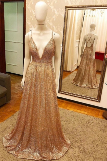Deep V-neck Spaghetti Straps A-line Sparkly Gold Sequin Prom Dresses,pl4841