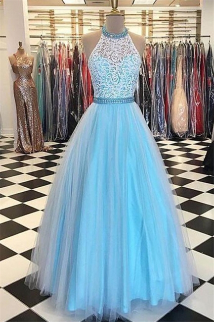 Chic Applique Halter Prom Dresses Sheer Sleeveless Sexy Evening Dresses With Ribbons,pl4845