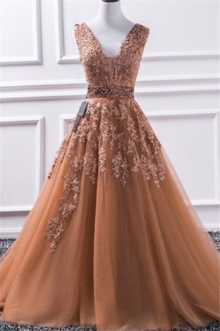 Chic V-neck Applique Crystal Prom Dresses Sleeveless Tulle Sexy Evening Dresses ,pl4850