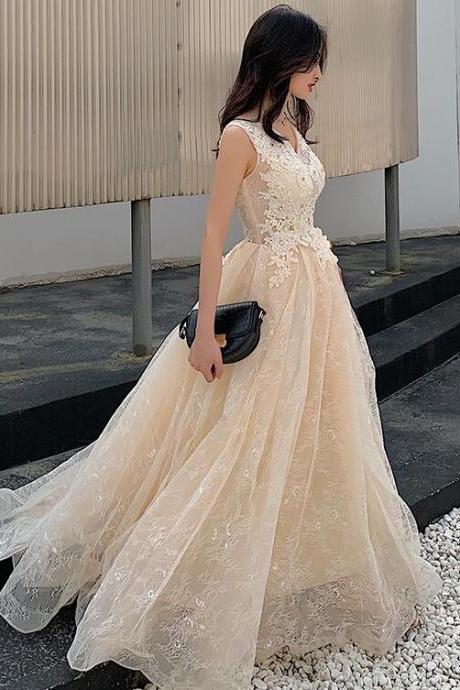 Champagne Lace V-neckline Tulle Long Evening Dress Prom Dress, A-line Lace Formal Dresses,pl4852
