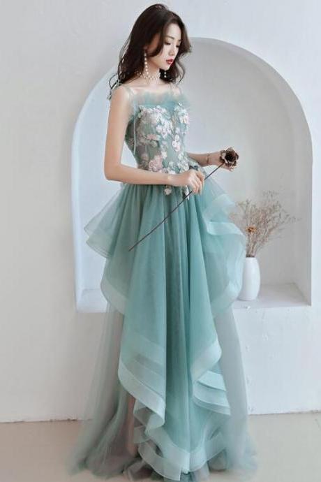 Unique A-line Long Straps Tulle Layers Green And Pink Evening Dress, Long Prom Dress Party Dress,pl4854