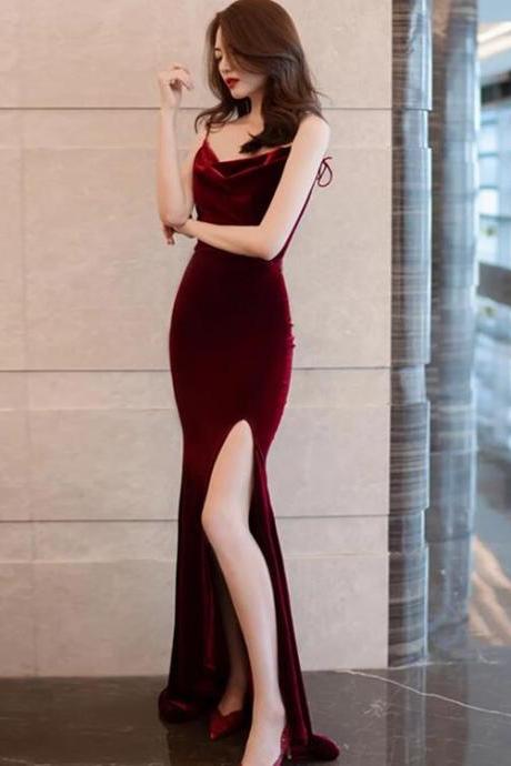 Burgundy Velvet Sexy Mermaid Slit Long Evening Dress, Backless Prom Dress Party Dress,pl4855