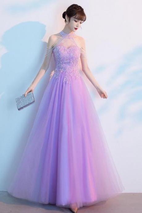Purple Tulle Beaded Floor Length A-line Prom Dress, Long Evening Dress Party Dress,pl4856