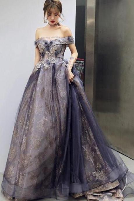 Purple Tulle Sweetheart With Flowers Long Formal Gown, A-line Off Shoulder Party Dress,pl4859