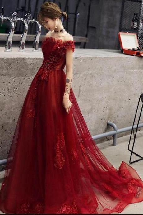 Wine Red Tulle With Beadings And Lace Off Shoulder Evening Gown, Wine Red Prom Dress,pl4860