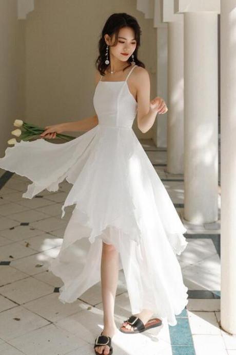 White Chiffon High Low Chic Simple Wedding Party Dress, White Short Prom Dress Graduation Dress,pl4861