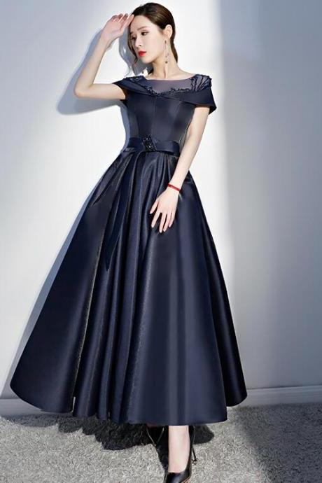 Navy Blue Satin Beaded Style Long Party Dress, Blue Cap Sleeves Prom Dress,pl4863