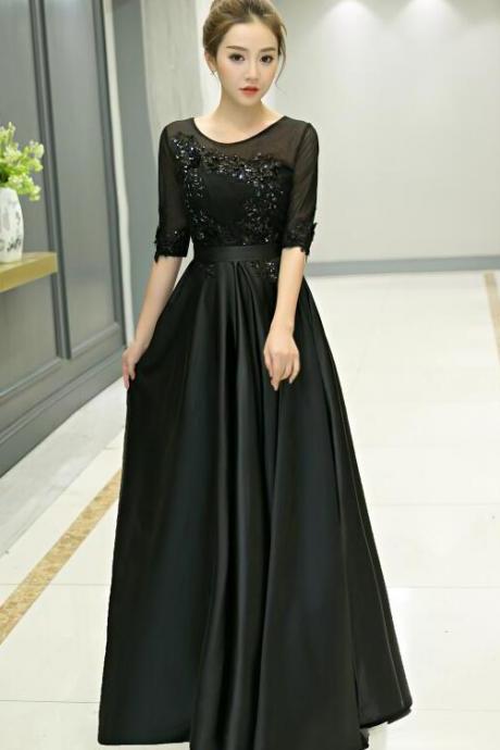 Black Satin Tulle Top Short Sleeves Bridesmaid Dress, Black Long Prom Dress Party Dress,pl4865